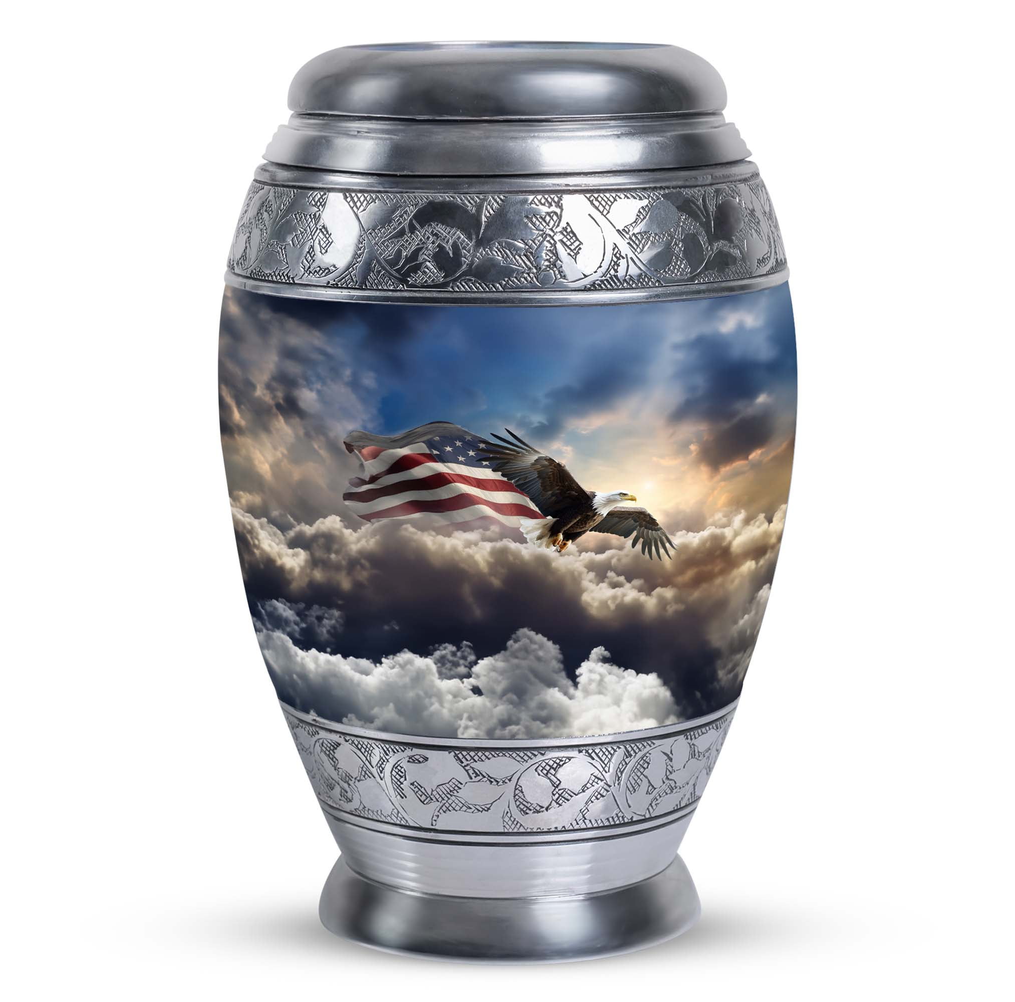 Eagle Flying In Clouds With Flag Timeless Urns - Burial Urn For Adult Female & Male - Memorial Gifts - Adult Urns For Human Ashes (Size -10inch)