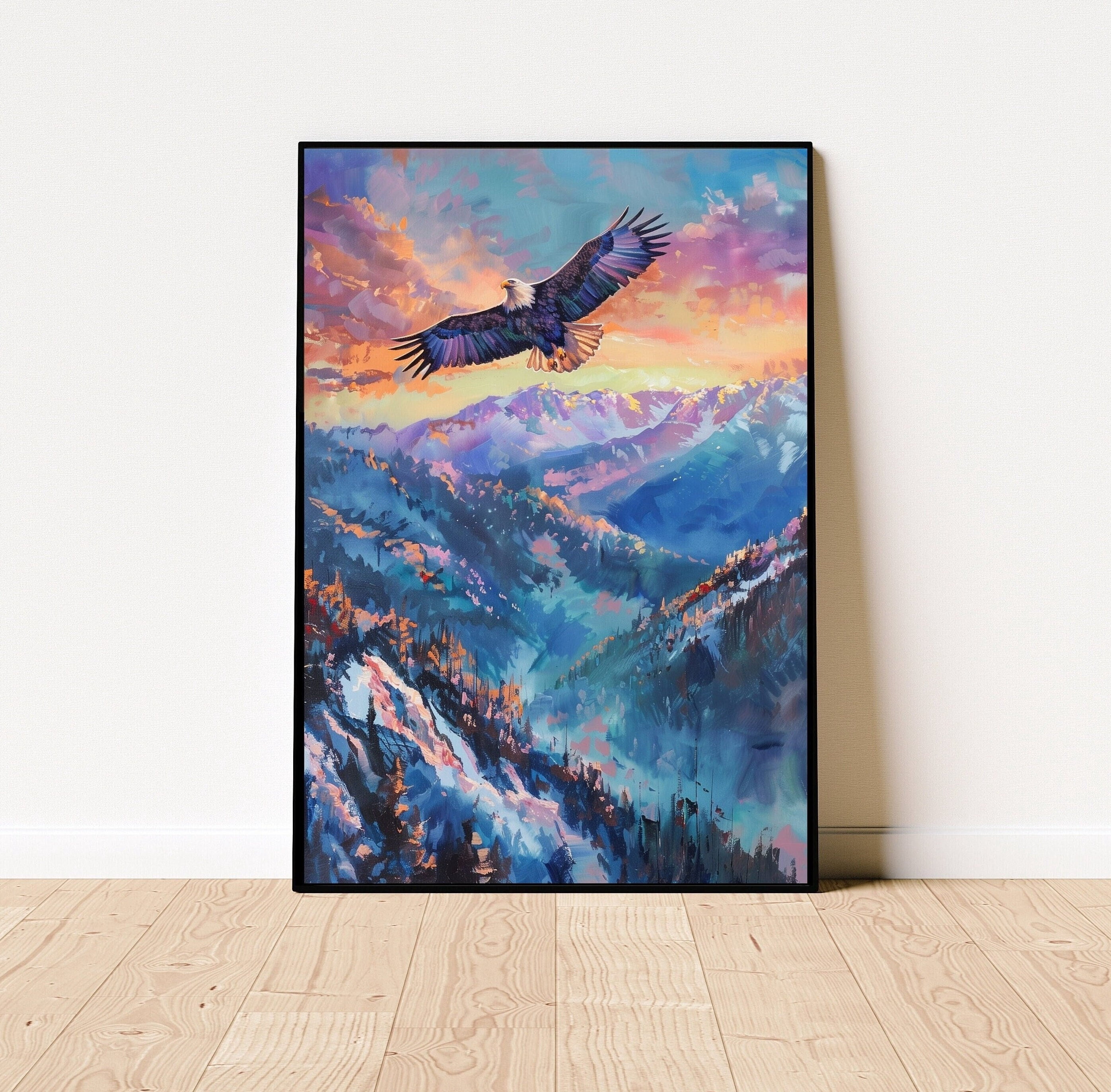 Eagle Flying Mountain Poster Oil Painting Wildlife Wall Art Soaring ...