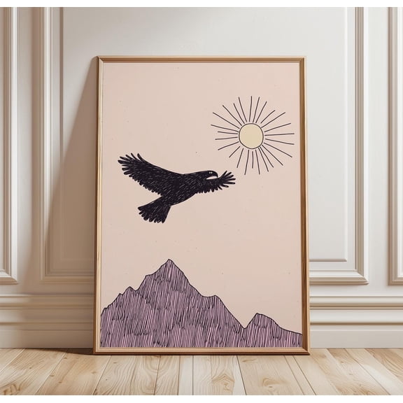 Eagle Flying Over Mountains Poster Mid Century Modern Minimalist Line Art Print Nature Lan