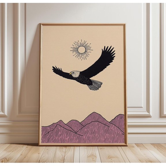 Eagle Flying Over Mountains Poster Mid Century Modern Minimalist Line Art Print Nature Lan