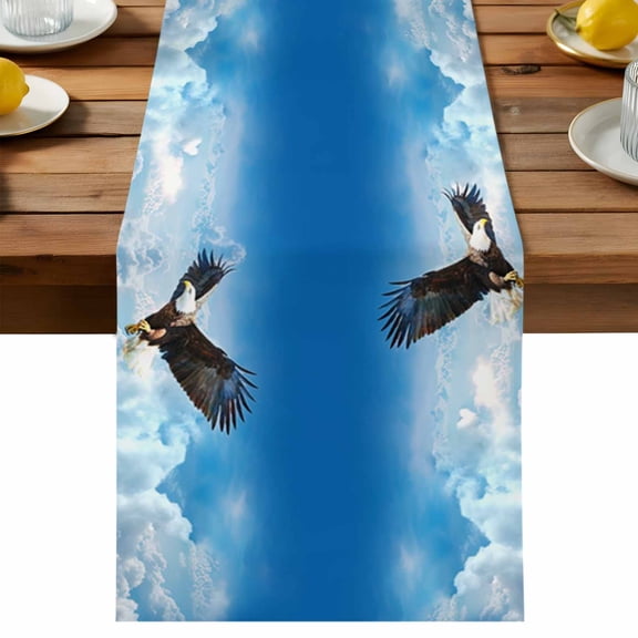 Eagle Flying Table Runner, Blue Sky Clouds Wings Eagle Animal Cotton Linen Table Cloth, Tablerunner for Kitchen Dining Party Wedding Home Decor 13x36 Inch