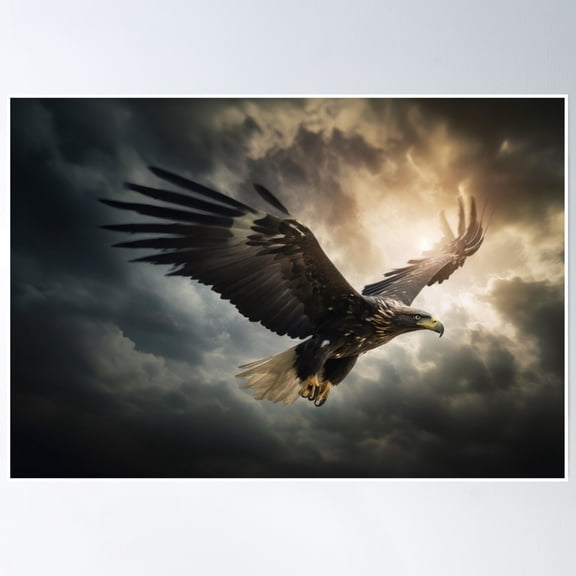 Eagle Flying Through A Dark Sky With Clouds Poster Wall Art Modern Wall Decor