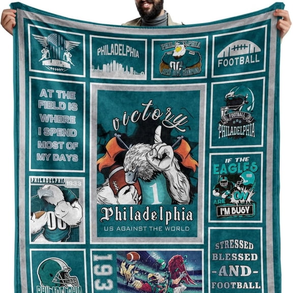 Eagle Football Throw Blanket 60 x 50 Inch, Green and Gray Sports Theme Blanket with Football Graphics, Cozy Decorative Throw for Couch Bed Bedroom Game Day