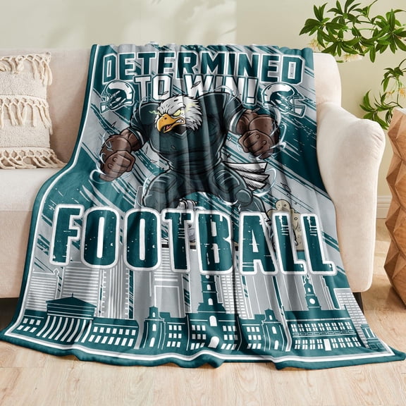 Eagle Football Throw Blanket 60 x 50 Inch, Teal Gray Sports Theme Blanket with Football Mascot Graphic, Decorative Throw for Couch Bed Bedroom Game Day