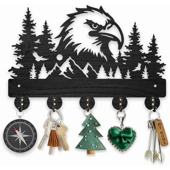 Eagle Forest Mountain Coat Rack Wood Wild Bird Animal Key Hanger for Wall 11.87.9inch Tree Animal Key Holder Key Rack 5 Alloy Hooks Black Wall Art Decor for Gift Living Room Office Entryway