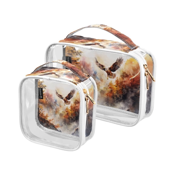 Eagle Forest Trees Clear Cosmetic Bags with Handles PVC Toiletry Bags Zipper Waterproof Portable for Traveling 2 Pcs