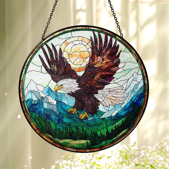 Eagle Glass Suncatcher v7, Mountain Wildlife Window Art, Patriotic Bird Lover, 3.5 in
