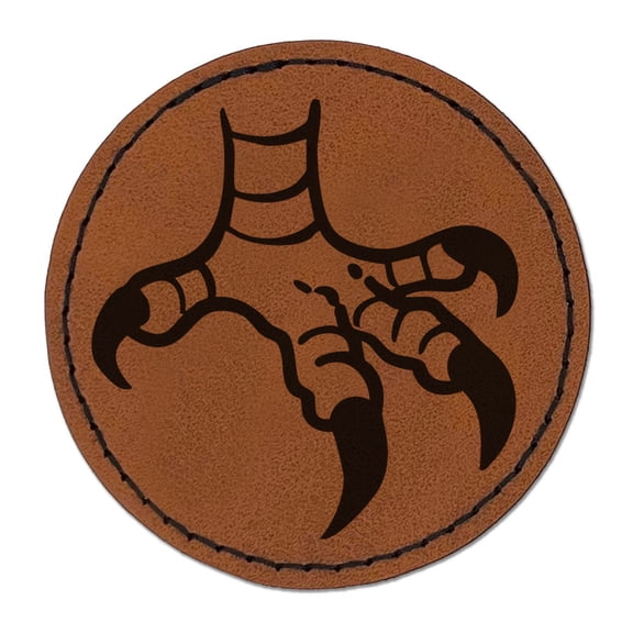 Eagle Hawk Talon Bird Claws Round Iron-On Engraved Faux Leather Patch Applique - 2.5 Inch - Brown