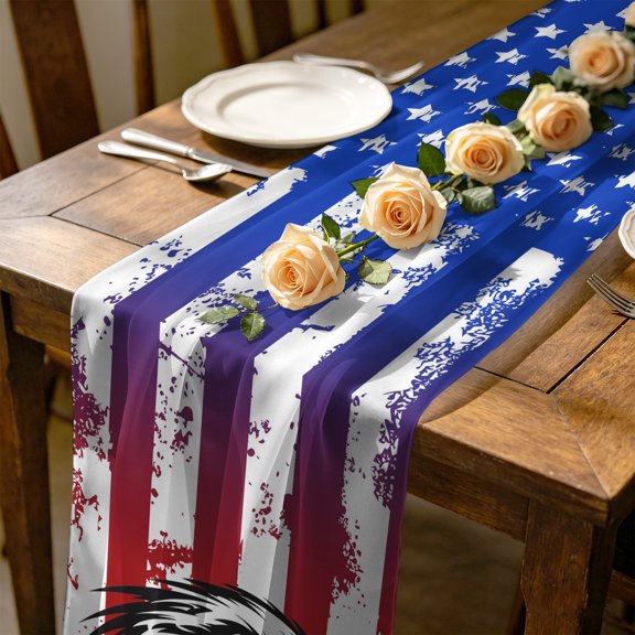 Eagle Head 4.5 ft Cheesecloth Table Runner for Wedding 19"x55", American Flag Vintage Stripes Animal Stars Kitchen Dinner Sheer Tulle Chiffon Dresser Scarf, Holiday Party Decorations