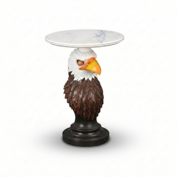 Eagle Head Accent Table, Resin Animal Statue End Table with Faux Marble Top, Patriotic Decor Side Table for Living Room, Home Office, Rustic Style, Brown & White