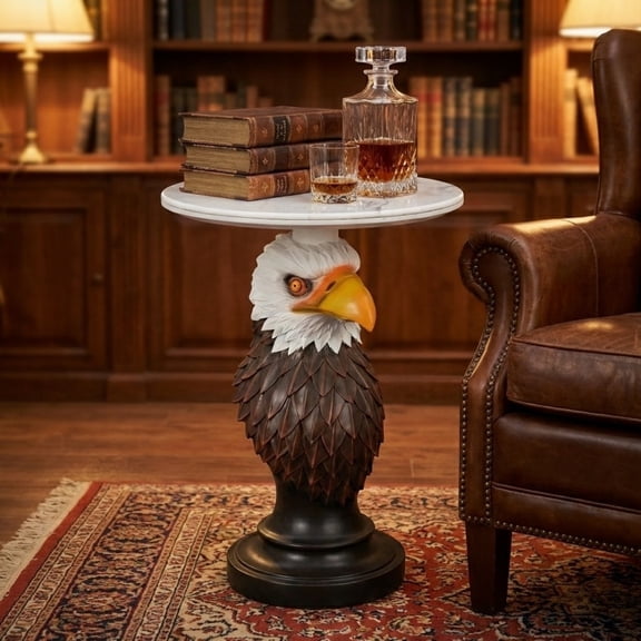Eagle-Head Accent Table Resin Sculpture Side Table with Faux Marble Top Modern End Table Decorative Furniture for Living Room Bedroom Office