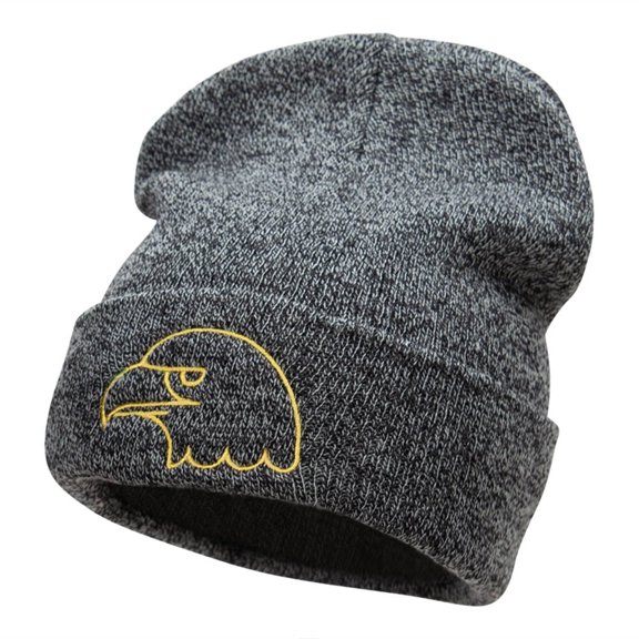 Eagle Head Embroidered Long Knitted Beanie - Black Marled OSFM