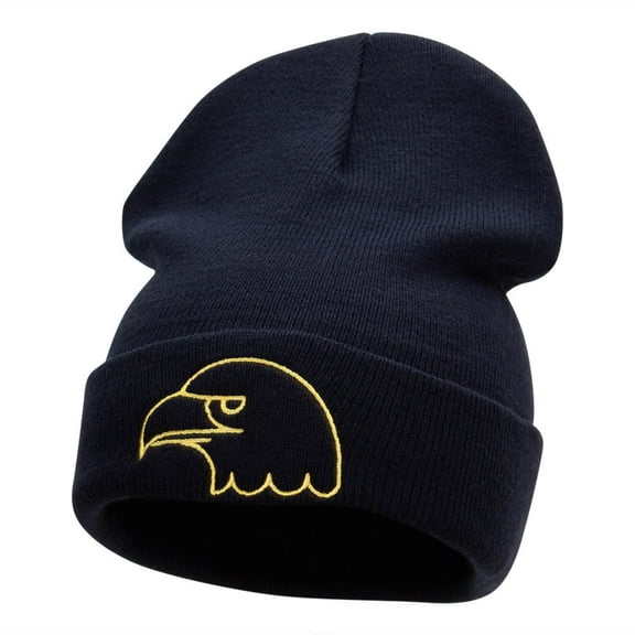 Eagle Head Embroidered Long Knitted Beanie - Navy OSFM
