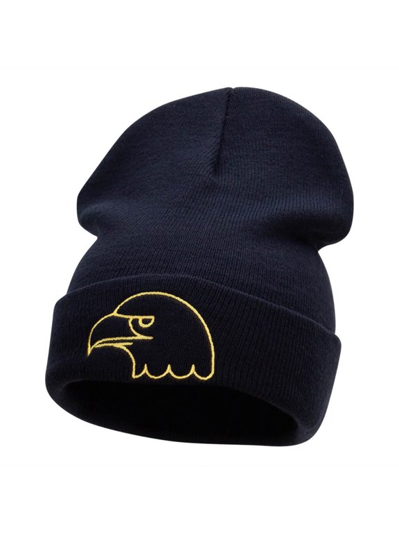 Eagle Head Embroidered Long Knitted Beanie - Navy OSFM