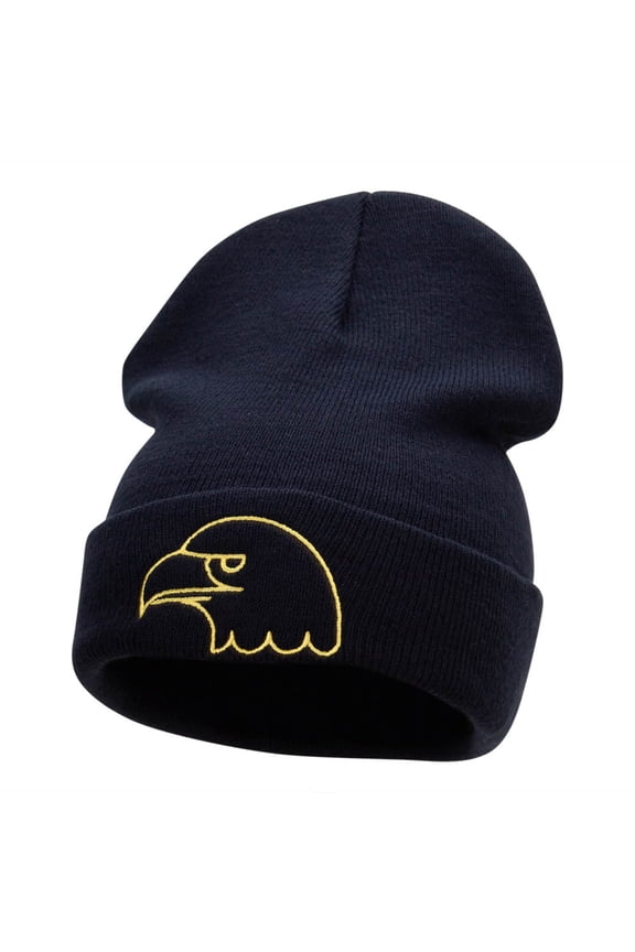 Eagle Head Embroidered Long Knitted Beanie - Navy OSFM