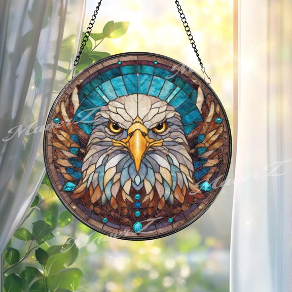 Eagle Head Glass Suncatcher, Round Patriotic Window Hanging, 7.9 in