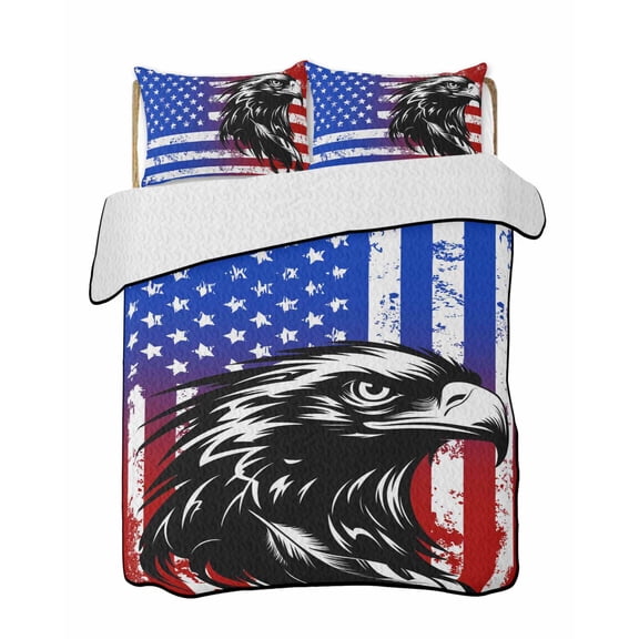 Eagle Head Quilts Bedding Set King Size American Flag Vintage Stripes Animal Stars Lightweight Quilted Bedspread 3 Piece Bed Quilt with 2 Pillow Shams All Season for Bedroom 90" x 96"