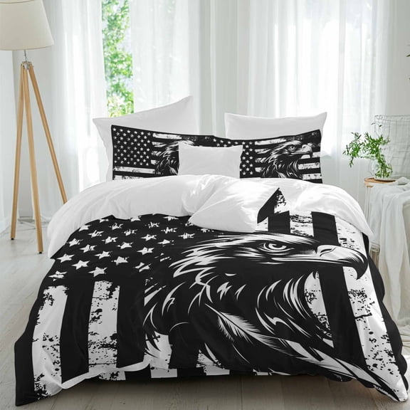 Eagle Head Twin Size Comforter Set, Black American Flag Vintage Stripes Animal Bedding for All Seasons, 4 Pcs Bed Set, 1 Quiltcover (68"x86") ,1Sheet(67"x116"), 2Pillowcases (30"x20")