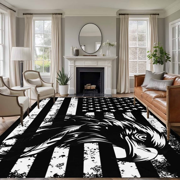 Eagle Head Washable Living Room Rugs 5'x7', Black American Flag Vintage Stripes Animal Low Pile Throw Large Area Rugs Non-Slip Sturdy Edge Binding Carpet for Dining Room Bedside Kitchen