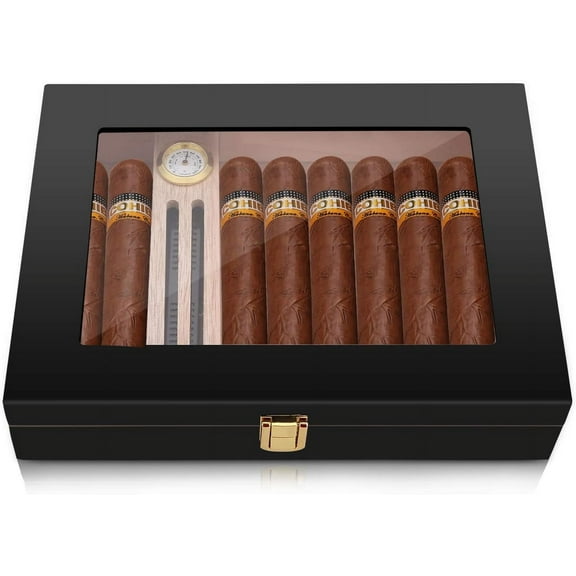 Eagle High Gloss Cigar Humidor Cigar Box for 10-15 Cigars, Real Solid Spanish Cedar Wood, Luxury Hygrometer and Humidifier, Desktop Humidors Gloss Black