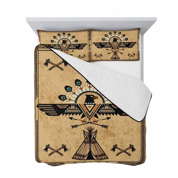 Eagle Icon 3 Piece Quilt Set Queen Size, Art Crossed Axes Tribal Cultural Symbols Geometric Soft Bedspread Coverlet Bedding Set Microfiber Lightweight Comforter Set with 2 Pillowcases for Bedroom
