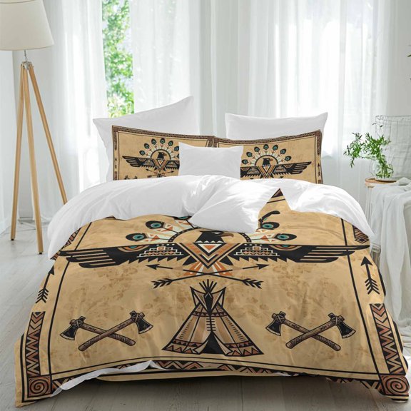 Eagle Icon Comforter Set Queen Size, Art Crossed Axes Tribal Cultural Symbols Geometric Soft Bedding Set for Man Woman, 4 Pieces Duvet Cover Set with Fitted Sheet, 2 Pillowcases