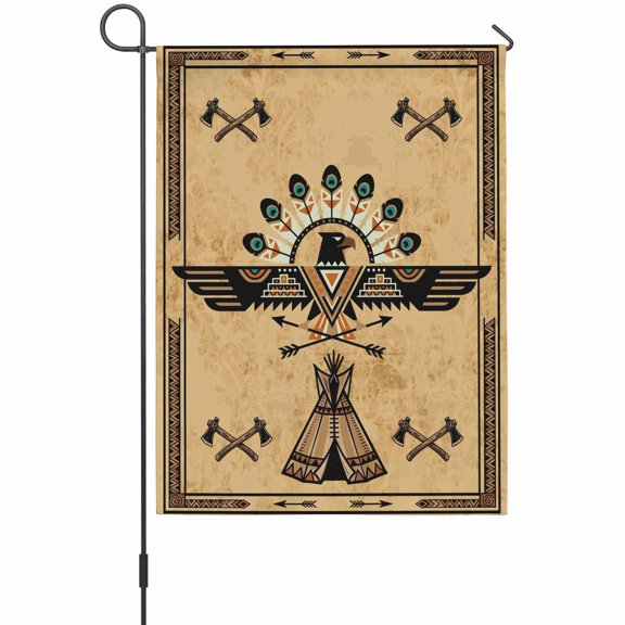 Eagle Icon House Flags For Outdoor, Art Crossed Axes Tribal Cultural Symbols Geometric Small Double Side Yard Flags Weather Proof House Decor for Lawn Outside Holiday 28 x 40 Inches