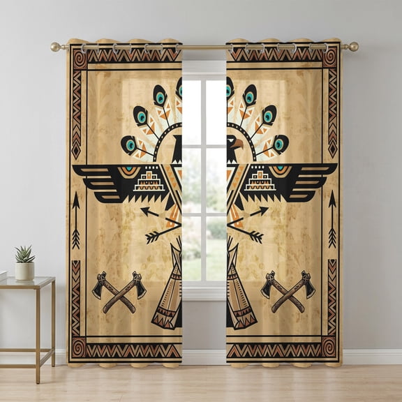 Eagle Icon Sheer Curtains 84 Inch Long 2 Panels, Art Crossed Axes Tribal Cultural Symbols Geometric Light Filtering Semi Sheer Drapes Grommet Voile Window Curtain for Living Bedroom W42 x L84