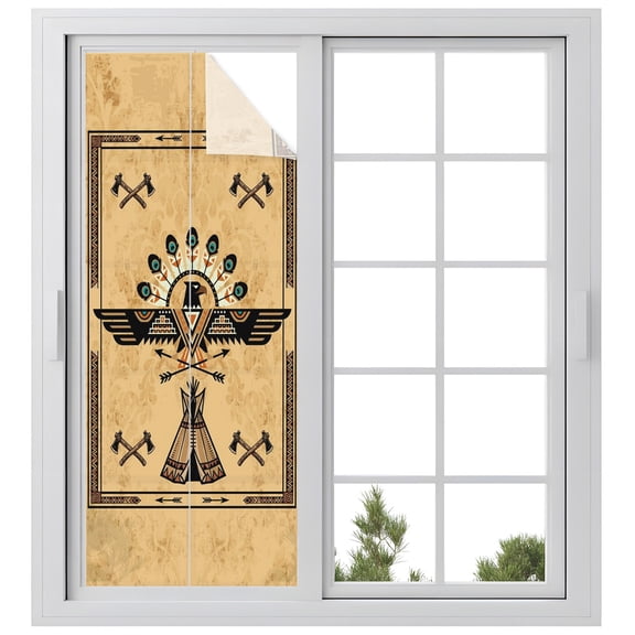 Eagle Icon Window Privacy Film, Art Crossed Axes Tribal Cultural Symbols Geometric Frosted Glass Window Clings Static Cling UV Heat Blocking Reusable Door Sticker for Bathroom 23.6 x 59 Inch