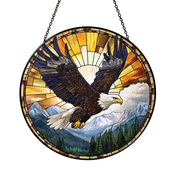 Eagle Inspired Glass Window Panel with Mountain Landscape Scene, Wildlife Themed Light Catching Decor, Artistic Nature Glass Hanging for Home Window Display and Scenic Interior Styling