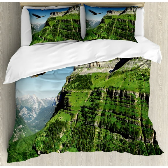 Eagle King Size Duvet Cover Set, Wild Majestic Bird Flying Great Landscapes Green Mountains Forest Nature Image, Decorative 3 Piece Bedding Set with 2 Pillow Shams, Green Blue Black, by Ambesonne