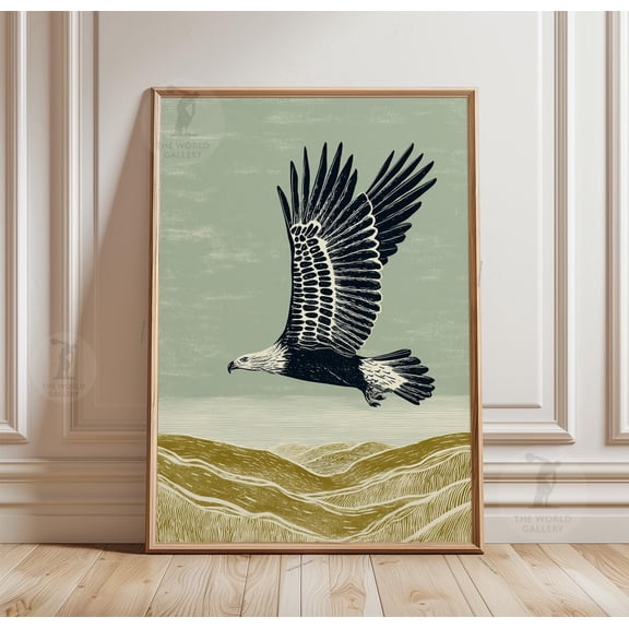 Eagle Landscape Poster, Flying Bird Print, Minimalist Nature Scene, Vintage Style Wall Art, Poster Only