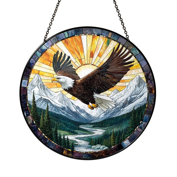 Eagle Landscape Stained Glass Suncatcher Window Decor, Mountain Art Panel, Decorative Sun Catcher Accent
