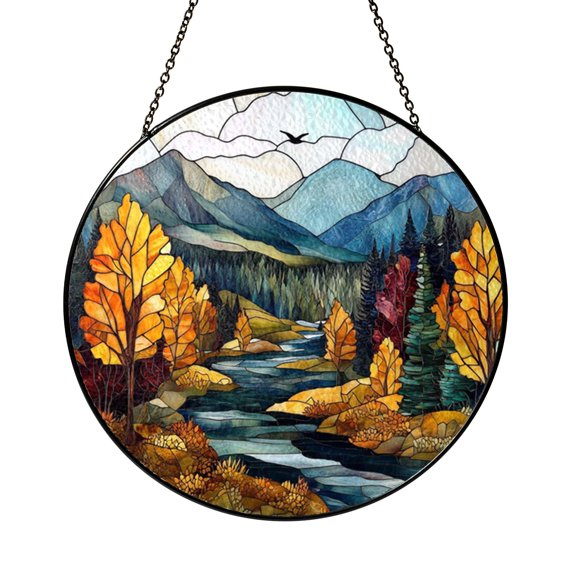 Eagle Landscape Window Hanging Decor, Stained Glass Style Fantasy Nature Suncatcher, Decorative Glass Panel for Windows