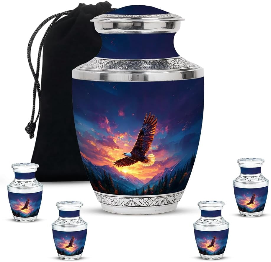 Eagle Large Cremation Urns For Human Ashes Adult Women, Small Burial Urn For Mom & Dad, Mini Memorial Keepsake Funeral Urn For Ashes Adult Male (Size: 10 Inch 1pcs & 3inch 4 Pcs)