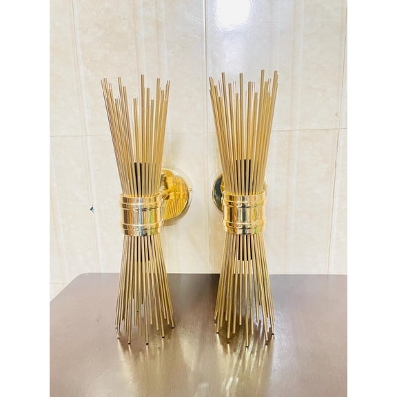 Eagle Lights Pair of 2 Vintage French 1970s Three-Light Sunray Sconces Indoor Fixture Brass Wall Sconce