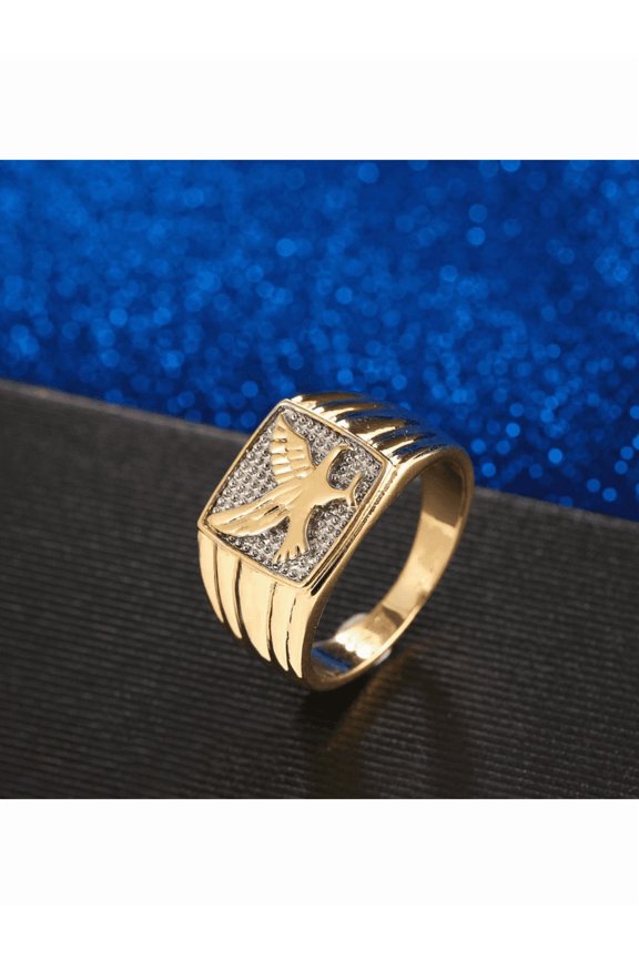 Eagle Mens Signet Ring Yellow Gold Tone with Cubic Zirconia