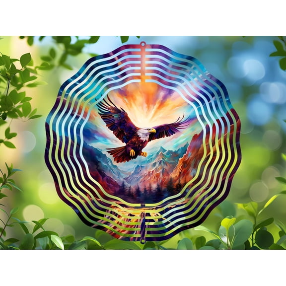Eagle Mountain Sunset 3D Wind Spinner, Patriotic Kinetic Stainless Steel Hanging Yard Art & Outdoor Decor