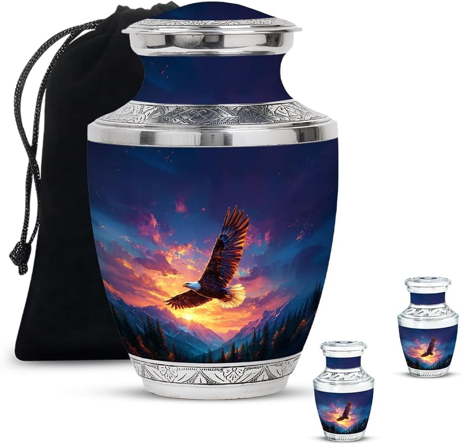 Eagle Mountain Sunset Urns for Cremation, Memorial Decorative Urn, Large Funeral Urns for Human Ashes, Keepsake Burial Urn for Ashes Adult Male & Female (Size: 10 Inch 1pcs & 3inch 2 Pcs)