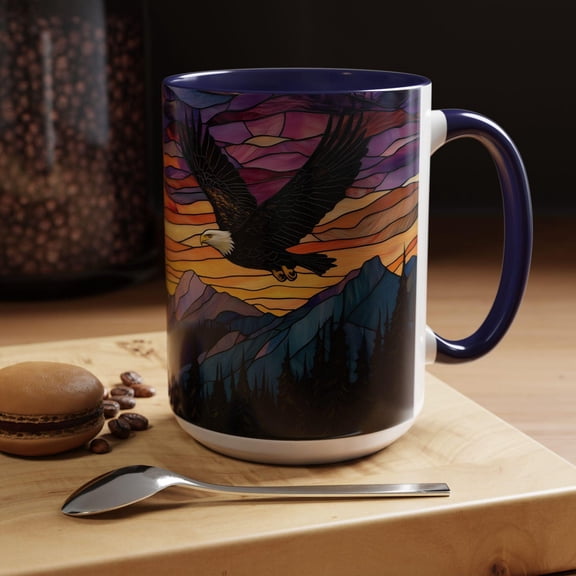 Eagle Mug, Stained Glass Style Panoramic Eagle and Mountains Sunset Nature Art Coffee Cup, Wildlife Park Animal Bird Mug Gift 11 oz 15 oz