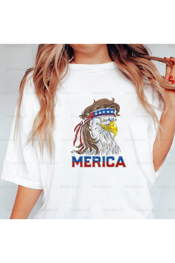 Eagle Mullet Merica Funny Patriotic Sarcastic Humor Quote Unisex T-Shirt, up to size 5XL-TS WHITE