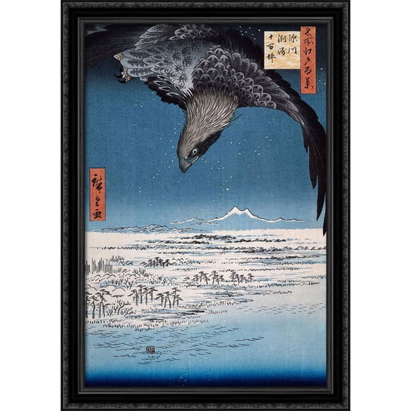 Eagle Over 100,000 Acre Plain at Susaki, Fukagawa (Juman-tsubo) 28x40 Large Black Ornate Wood Framed Canvas Art by Hiroshige