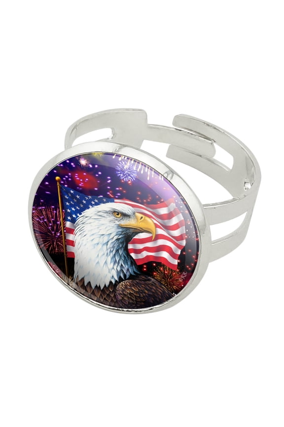 Eagle Patriotic 4th of July Celebration American Flag Fireworks Silver Plated Adjustable Novelty Ring