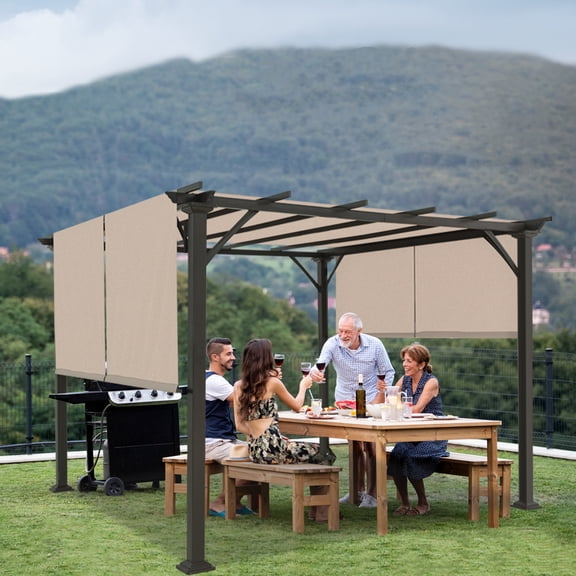 EAGLE PEAK 10x10 Outdoor Gazebo with Retractable Sun Shade Top for Patio, Garden, Backyard, Steel Frame, Beige