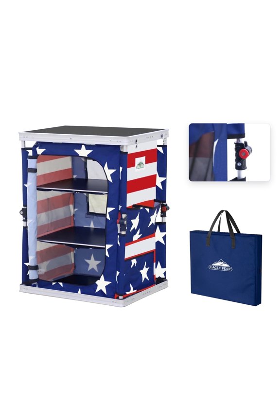 Outdoor Folding Camping Table with Large 3-Tier Storage Organizer and Side Pockets, Portable Aluminum Table, American Flag
