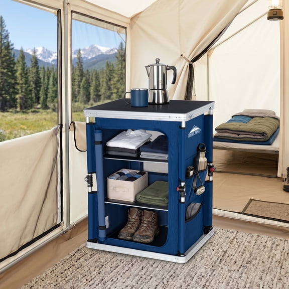 Eagle Peak Outdoor Camping Pop-up Folding Table with Large 3-Tier Storage Organizer and Side Pockets, Easy Set Up Portable Lightweight Aluminum Camping Kitchen, Blue