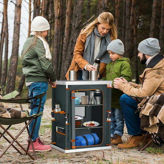Eagle Peak Outdoor Camping Pop Up Folding Table with Large 3-Tier Storage Organizer and Side Pockets, Easy Set Up Portable Lightweight Aluminum Camping Kitchen, Gray