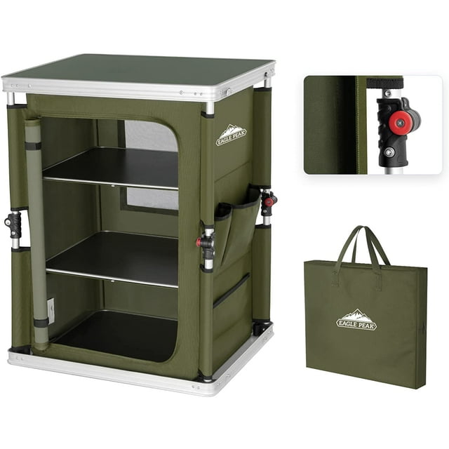 Eagle Peak Outdoor Camping Pop Up Folding Table with Large 3-Tier Storage Organizer and Side Pockets, Easy Set Up Portable Lightweight Aluminum Camping Kitchen, Green