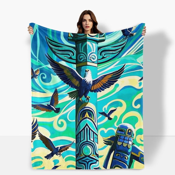 Eagle Pillar Blue Family Theme Flannel Blanket Soft Warm Comfortable For Sofa Bed Travel Camping Living Room Office Chair Polyester Fiber Gift For Family Or Friends
