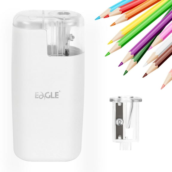 Eagle Portable Electric Pencil Sharpener - 1-Hole Manual/Battery Powered, Pocket-Sized for Home/Art Studios/Office, Patented Design, White